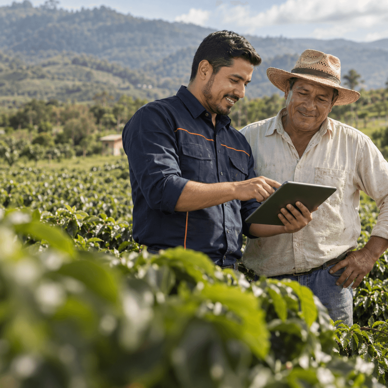 Asesor y agricultor revisando juntos una tablet en el campo