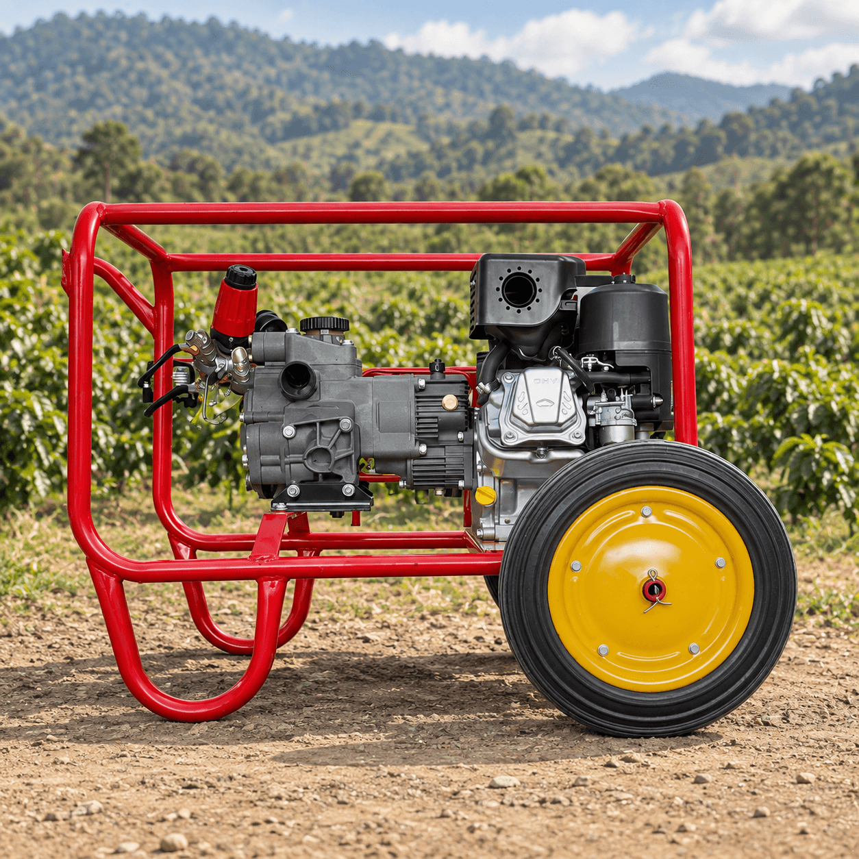 Bomba agrícola con estructura roja y rueda amarilla, sin mangueras conectadas, en el campo