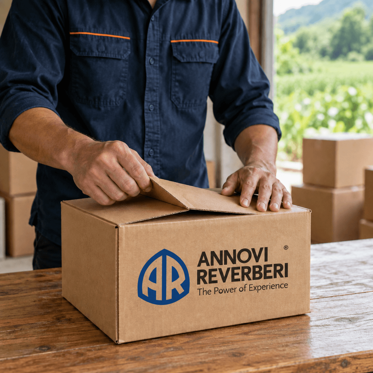 Preparación de un pedido en una caja con el logo de Annovi Reverberi
