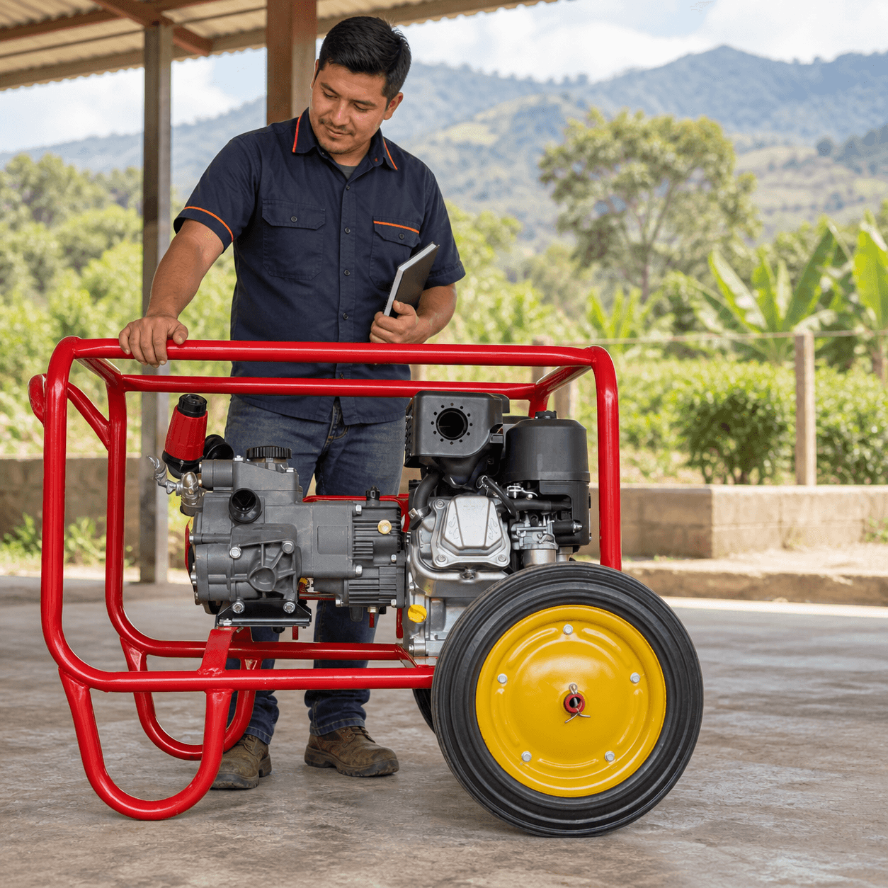 Técnico revisando una bomba agrícola de estructura roja y rueda amarilla